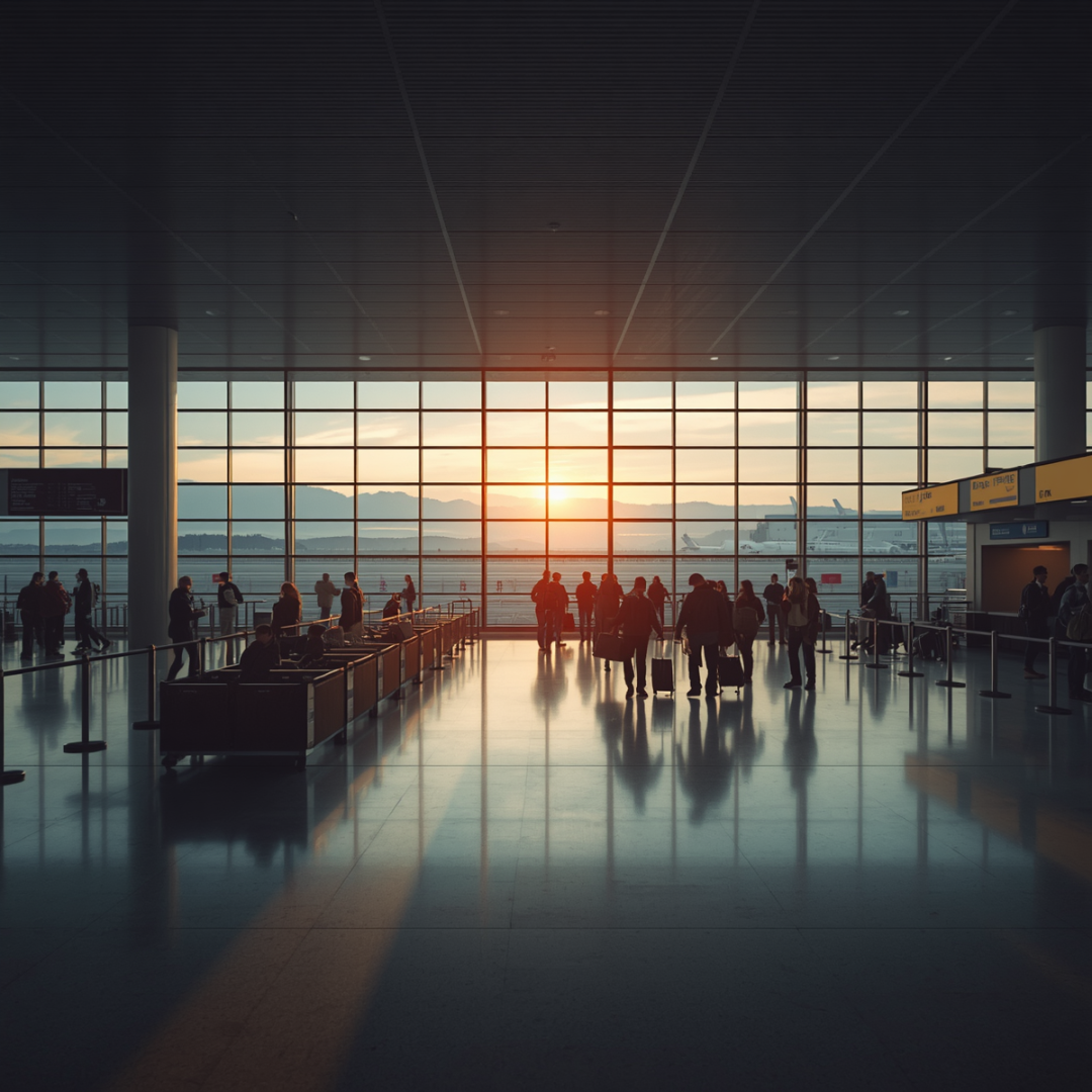 Modern airport terminal with passengers and staff in a clean, well-managed transport hub